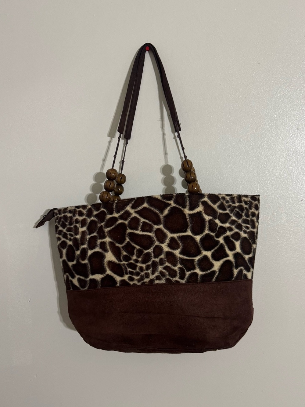 Braciano Brown Giraffe-Print Tote Bag with Wooden Bead Handles